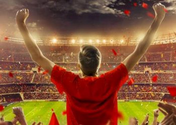 A football fan in red celebrating in a packed stadium as confetti falls