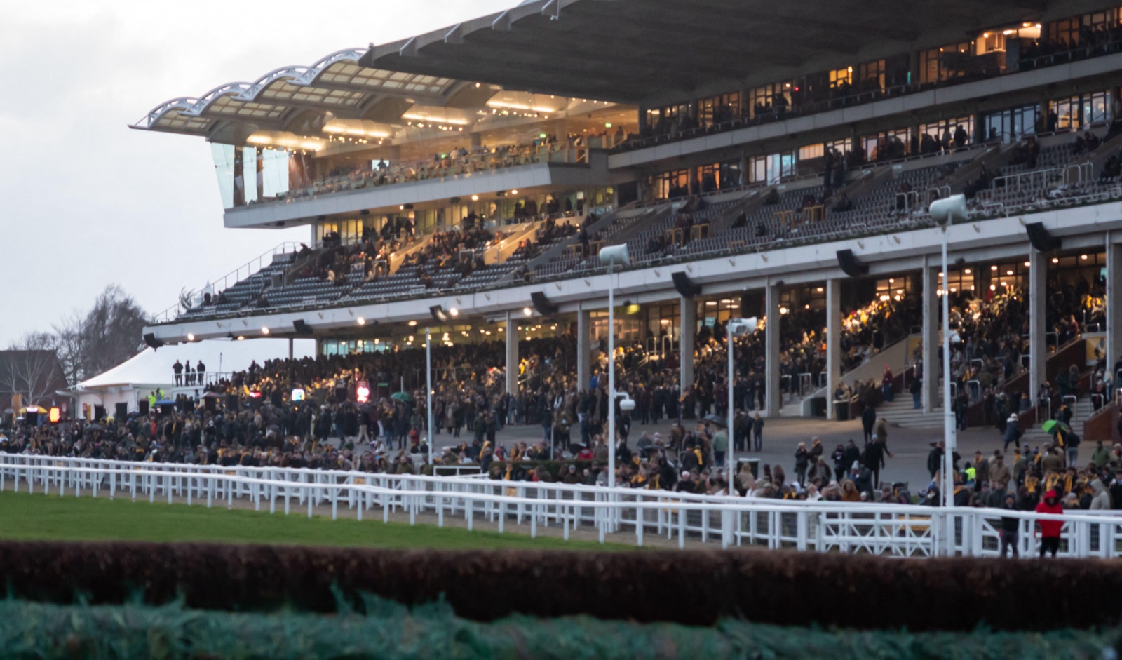 Packed grandstands at Cheltenham Racecourse at dusk, seen from across the track with a fence in the foreground