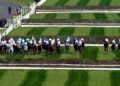 The Grand National field seen from above as the horses gallop between the spruce fences at Aintree