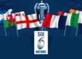 Flags of the six competing nations in front of the Six Nations championship trophy