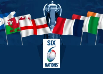 Flags of the six competing nations in front of the Six Nations championship trophy