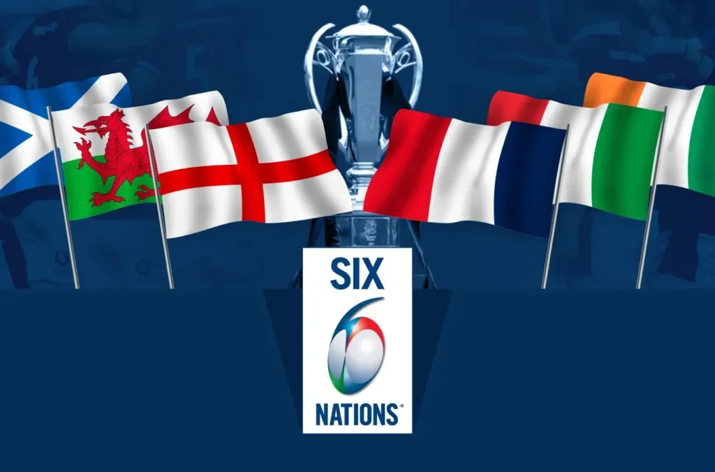 Flags of the six competing nations in front of the Six Nations championship trophy